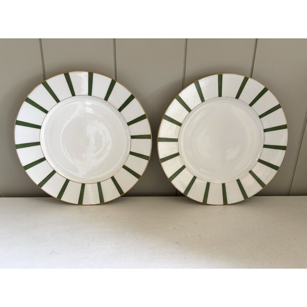 Vtg Pair 2 Appetizer Salad Plates Limoges France 8.5” Stripe Gold Trim Art Deco